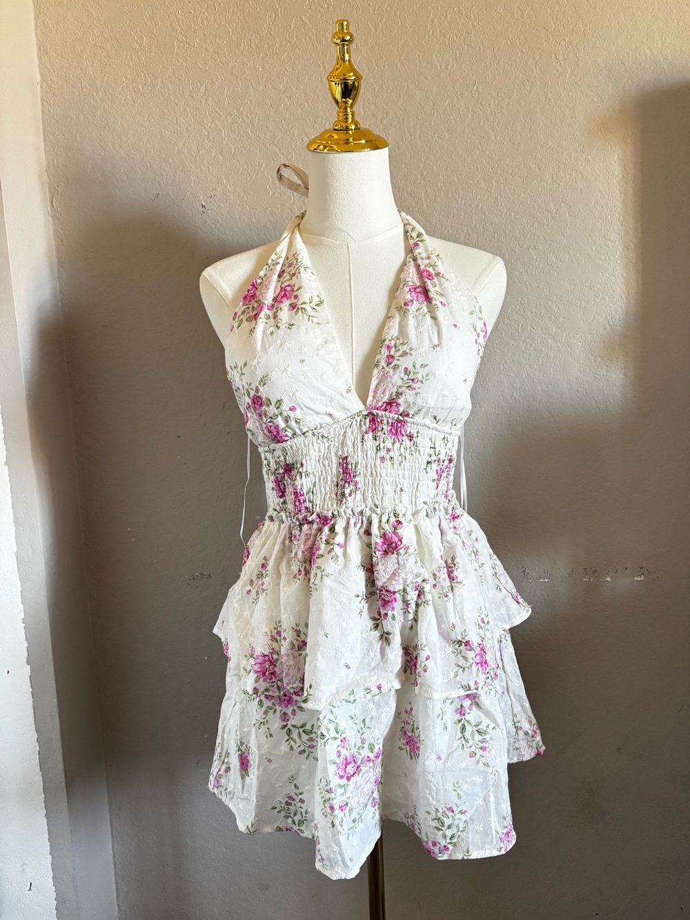 White Floral Halter Tiered Mini Dress